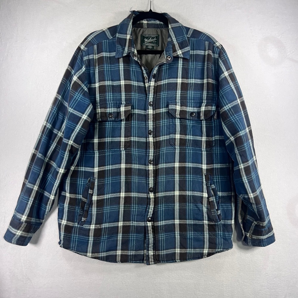 Distressed Woolrich Mens M Blue Plaid Quilted Flannel Shirt Jacket Snap‎ Front